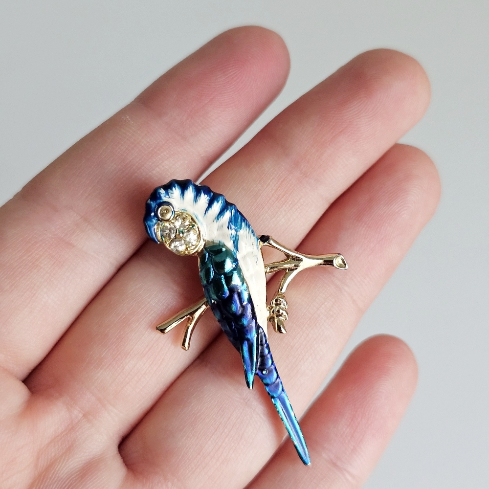 Vintage Parrot Macaw Brooch - Blue & Green Enamel with Rhinestone Eyes